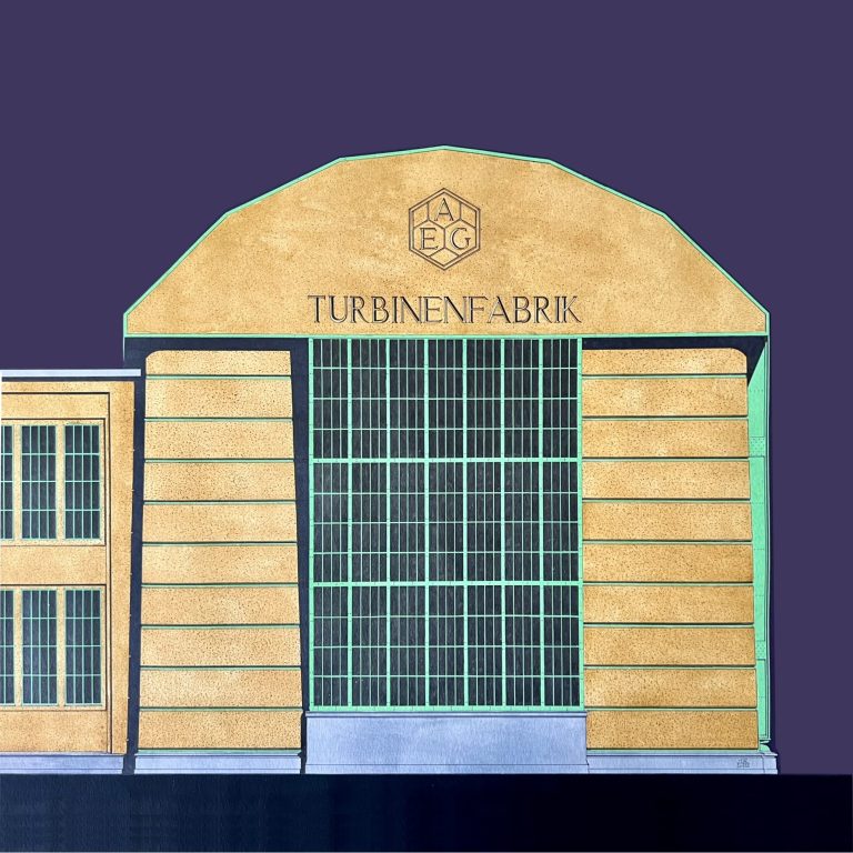 FineArtPrint Turbinenfabrik Berlin Moabit, Handzeichnung Heiko Rößger 2025 FineArtPrint Turbinenfabrik in Berlin Moabit, Ansicht der Halle, Tuschezeichnung und mit Gouachefarben koloriert. Format 70x70cm