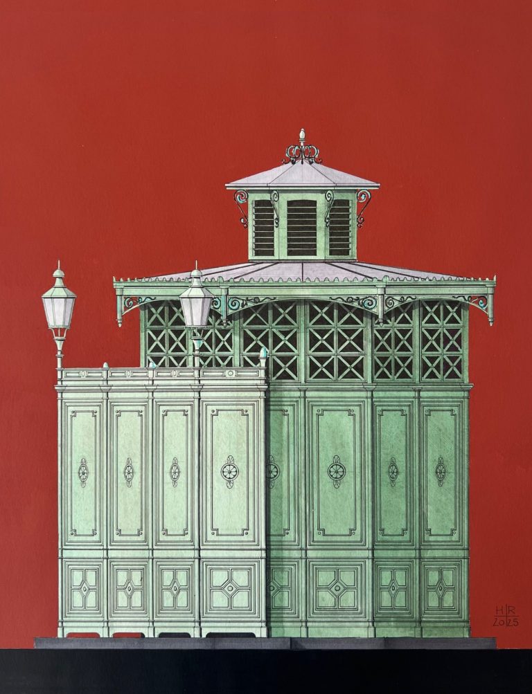 FineArtPrint Cafe Achteck, Handzeichnung Heiko Rößger 2025 FineArtPrint Cafe Achteck, typische Berliner Bedürfnisanstalt. Tuschezeichnung mit Gouachefarben koloriert. Format 50x60cm