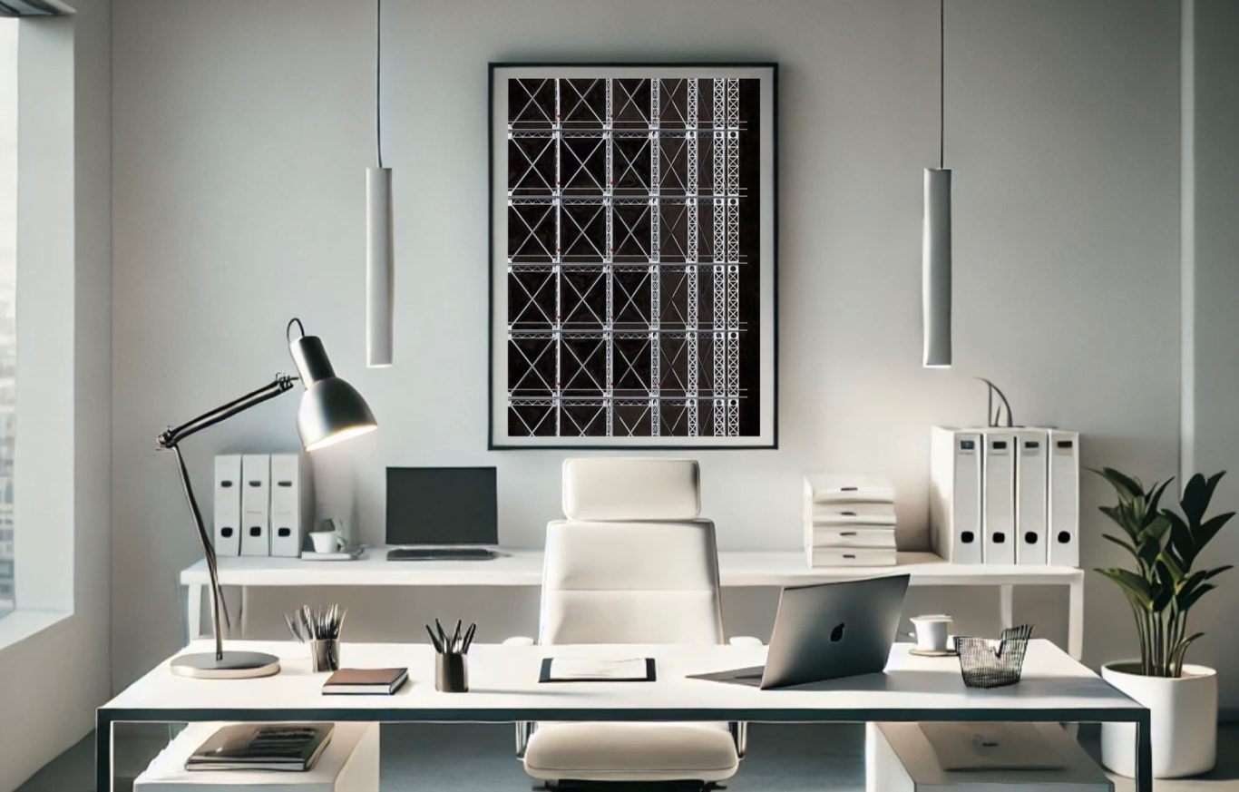 FineArtPrint Gasometer Schöneberg Handzeichnung 80x120cm, Heiko Rößger 2021 FineArtPrint Gasometer Schöneberg, Heiko Rößger, in moderner Büroumgebung